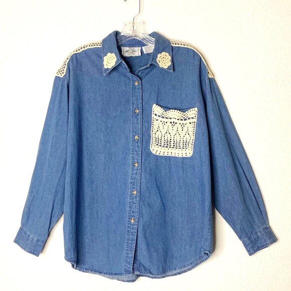 Vintage 90s Just Class Denim & Crochet Long Sleeve Button Up Shirt Women’s Sz M - Picture 1 of 7